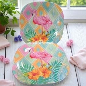 4pc Pink Flamingo Hibiscus Flower Palm Leaf Melamine Salad App Dessert Plate Set